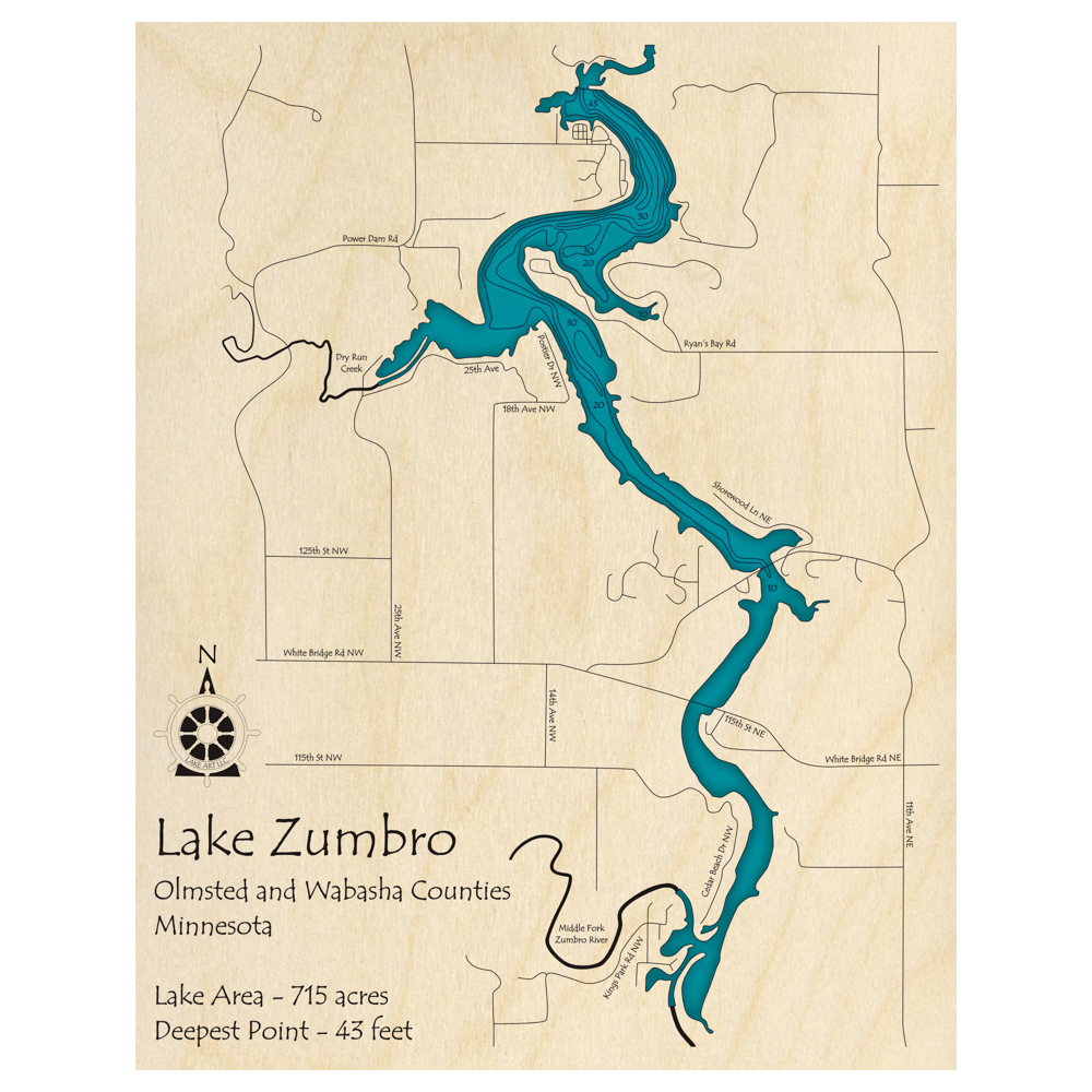 Bathymetric topo map of Lake Zumbro, MN with roads, towns and depths noted in blue water.