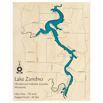 Bathymetric topo map of Lake Zumbro, MN with roads, towns and depths noted in blue water.