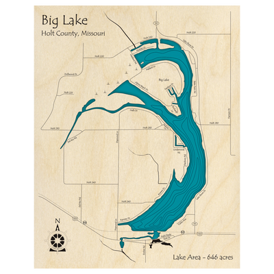 Bathymetric topo map of Big Lake, MO with roads, towns and depths noted in blue water.