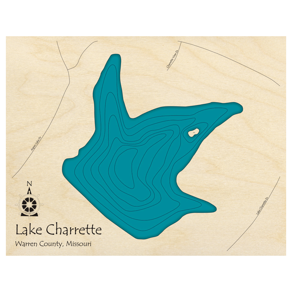 Bathymetric topo map of Lake Charrette, MO with roads, towns and depths noted in blue water.