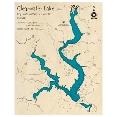 Bathymetric topo map of Clearwater Lake, MO with roads, towns and depths noted in blue water.