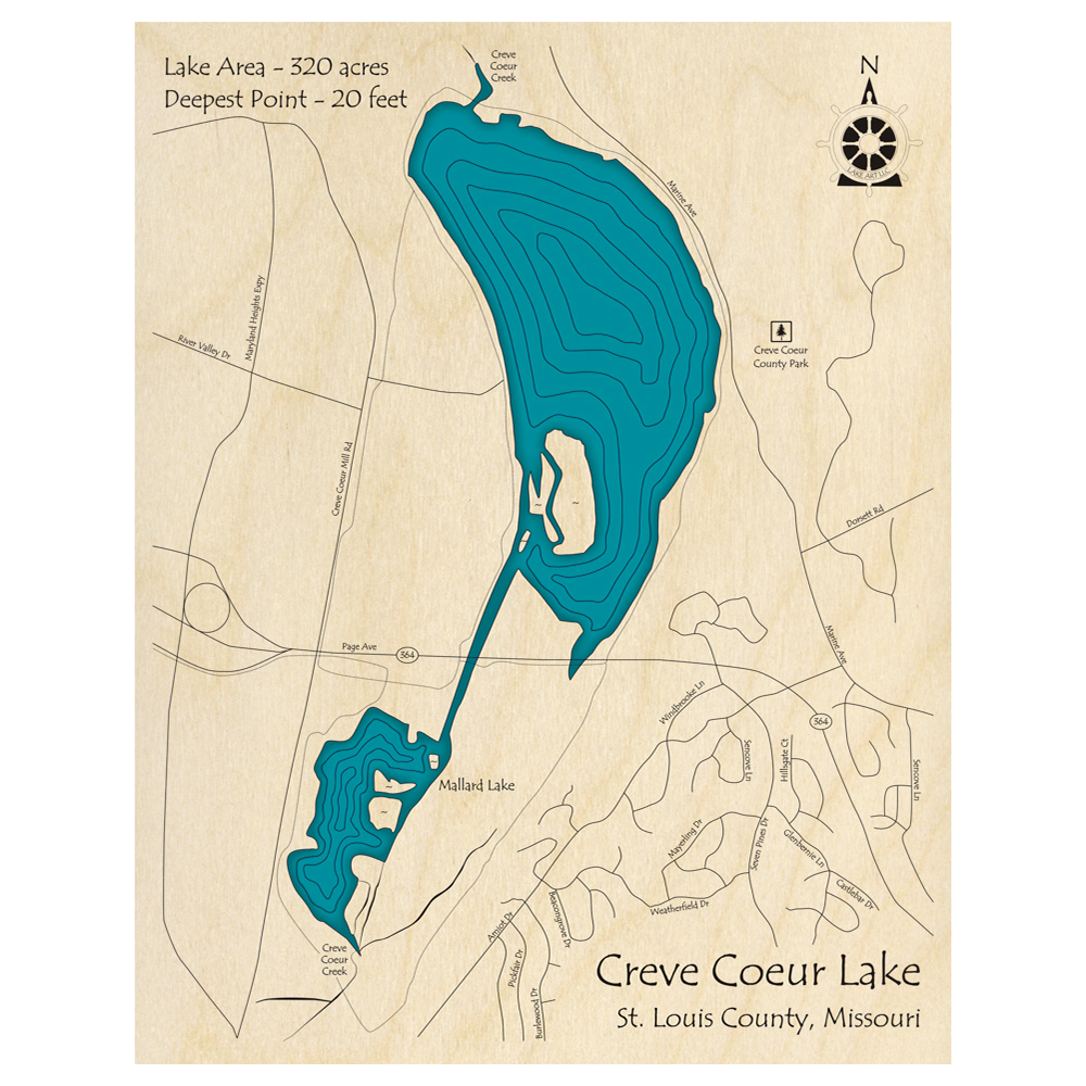 Bathymetric topo map of Creve Coeur Lake, MO with roads, towns and depths noted in blue water.