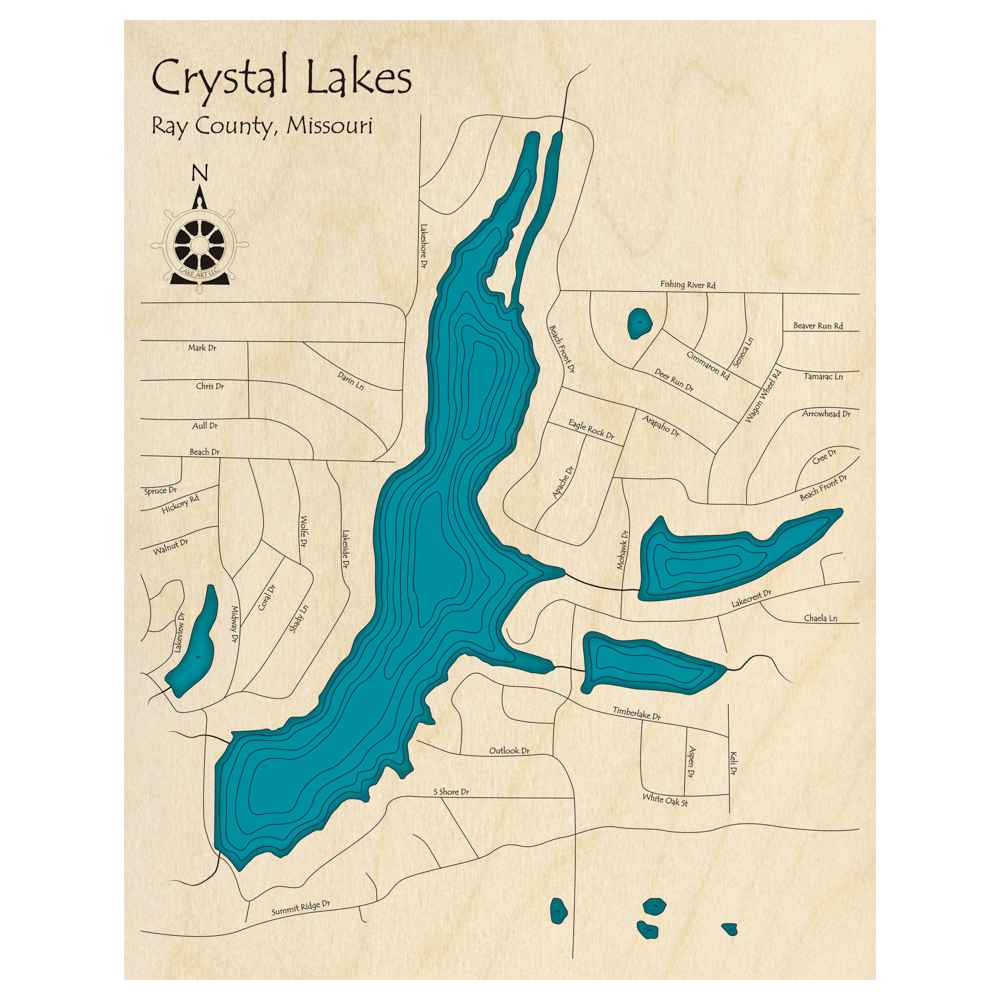Bathymetric topo map of Crystal Lakes, MO with roads, towns and depths noted in blue water.