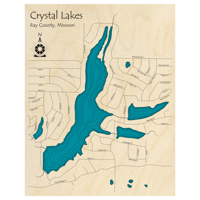 Bathymetric topo map of Crystal Lakes, MO with roads, towns and depths noted in blue water.