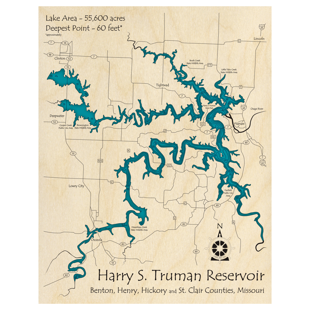 Bathymetric topo map of Harry S Truman Reservoir, MO with roads, towns and depths noted in blue water.
