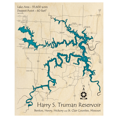 Bathymetric topo map of Harry S Truman Reservoir, MO with roads, towns and depths noted in blue water.