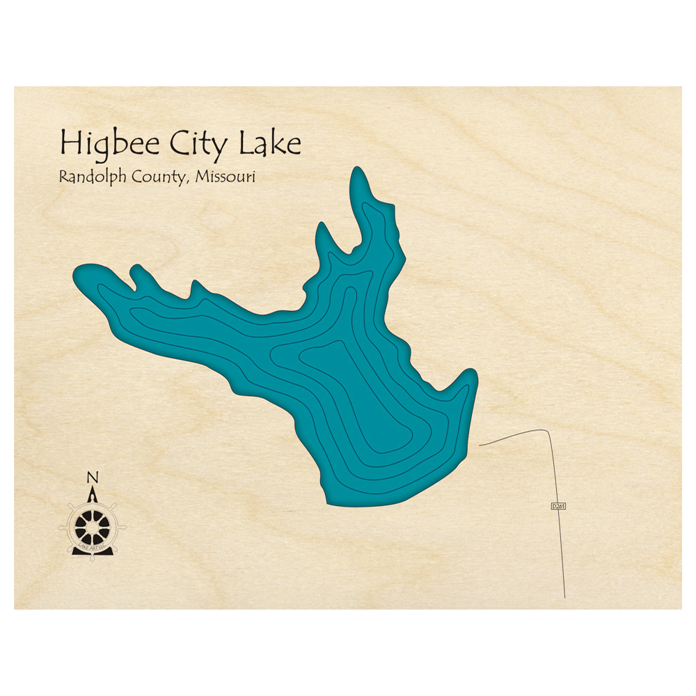 Bathymetric topo map of Higbee City Lake, MO with roads, towns and depths noted in blue water.