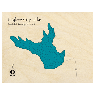 Bathymetric topo map of Higbee City Lake, MO with roads, towns and depths noted in blue water.