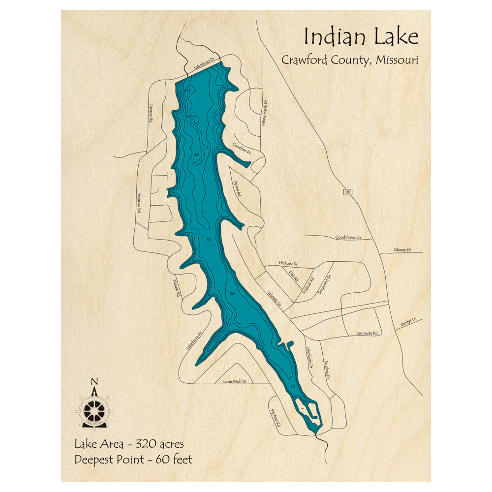 Bathymetric topo map of Indian Lake, MO with roads, towns and depths noted in blue water.