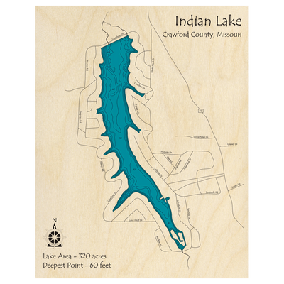 Bathymetric topo map of Indian Lake, MO with roads, towns and depths noted in blue water.