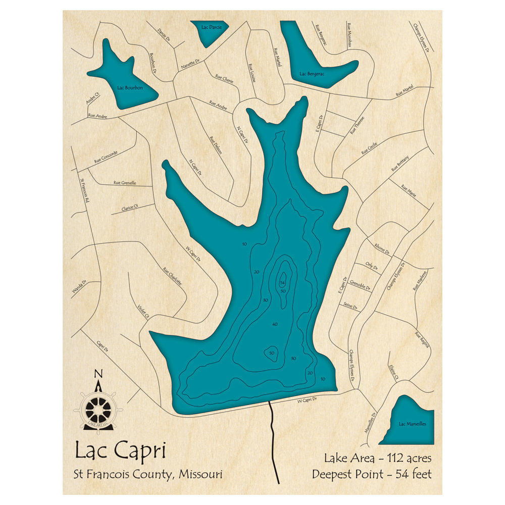 Bathymetric topo map of Lac Capri, MO with roads, towns and depths noted in blue water.