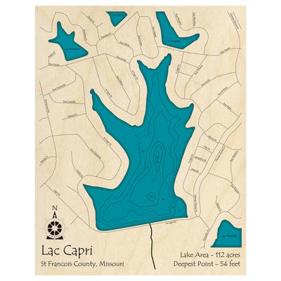 Bathymetric topo map of Lac Capri, MO with roads, towns and depths noted in blue water.