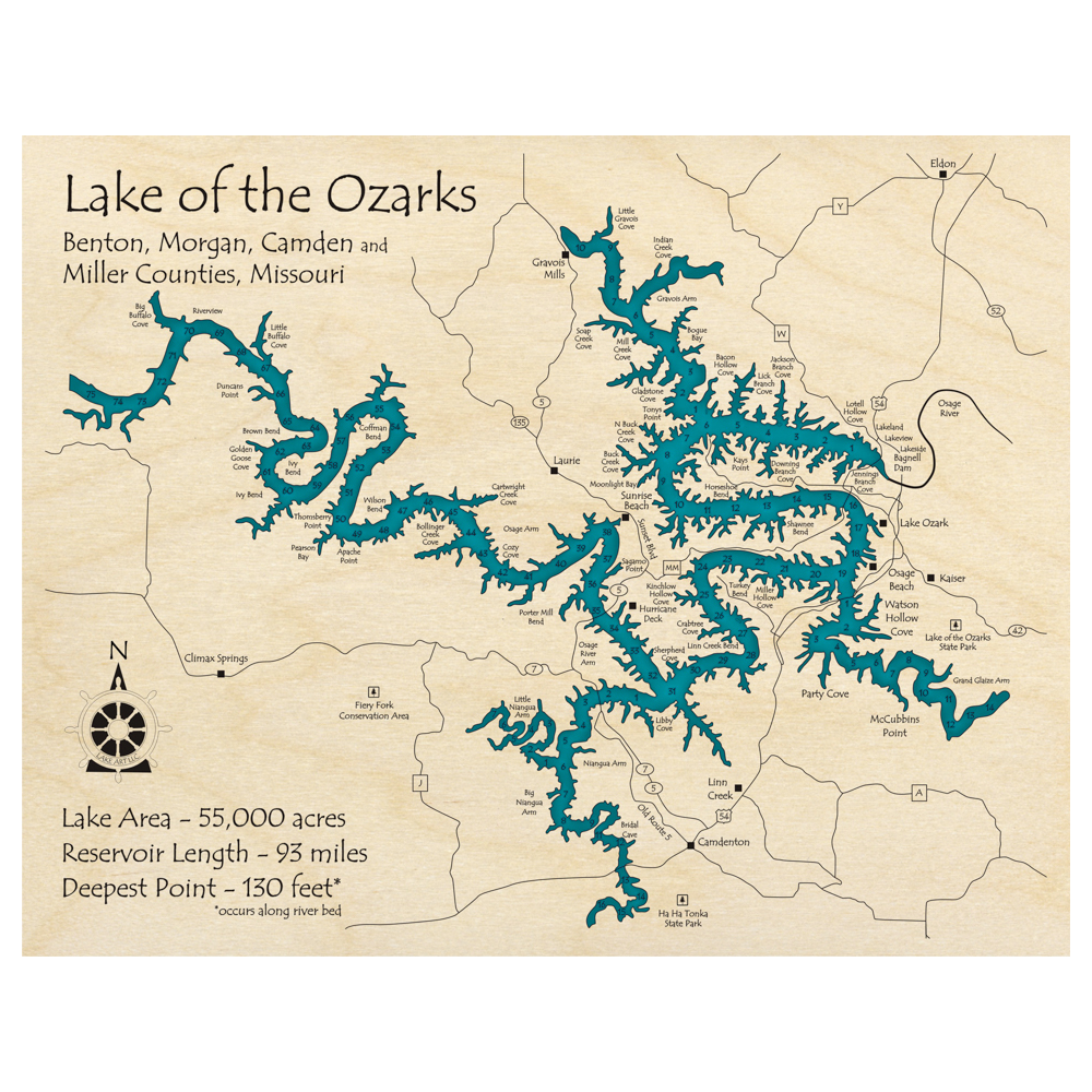 Bathymetric topo map of Lake of the Ozarks Mile Marker Version, MO with roads, towns and depths noted in blue water.