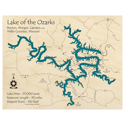 Bathymetric topo map of Lake of the Ozarks, MO with roads, towns and depths noted in blue water.