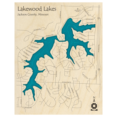 Bathymetric topo map of Lakewood Lakes, MO with roads, towns and depths noted in blue water.