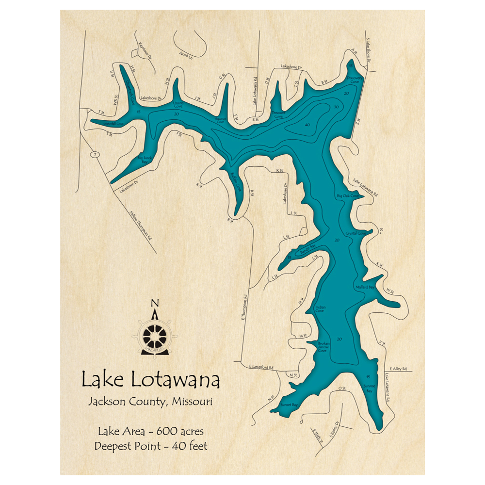 Bathymetric topo map of Lake Lotawana, MO with roads, towns and depths noted in blue water.