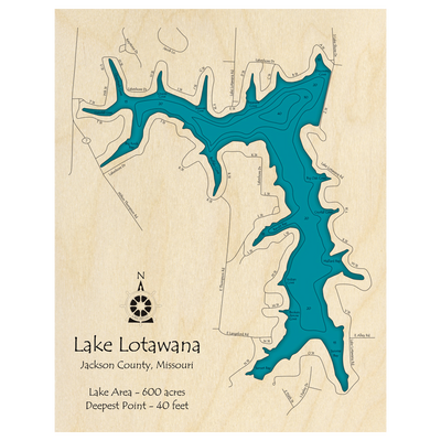 Bathymetric topo map of Lake Lotawana, MO with roads, towns and depths noted in blue water.