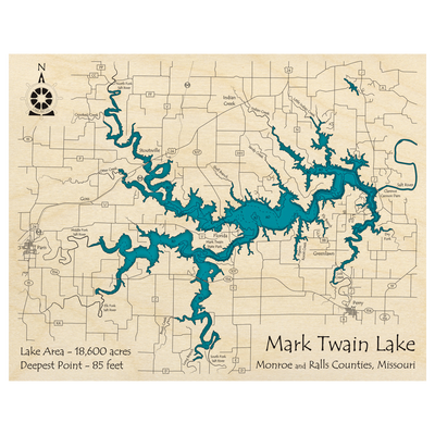 Bathymetric topo map of Mark Twain Lake, MO with roads, towns and depths noted in blue water.