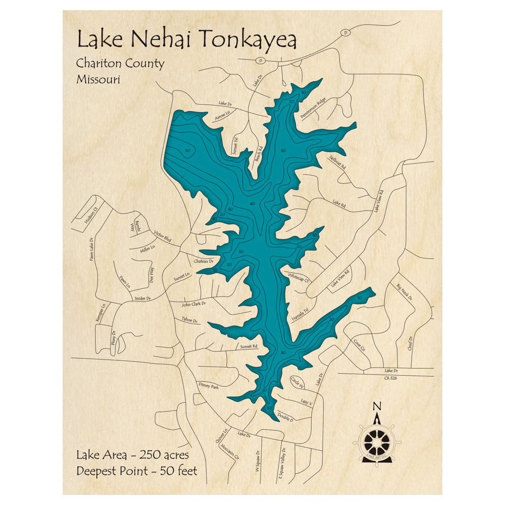 Bathymetric topo map of Nehai Tonkayea Lake, MO with roads, towns and depths noted in blue water.