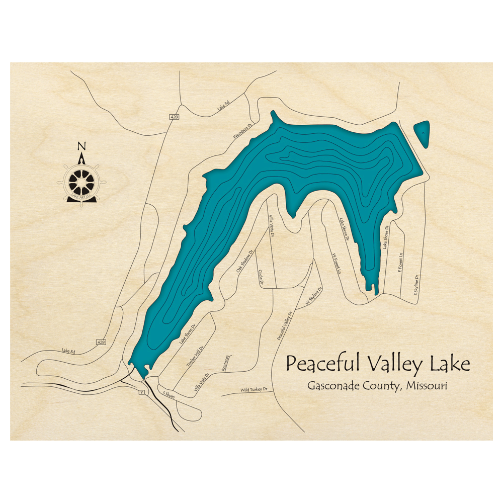 Bathymetric topo map of Peaceful Valley Lake, MO with roads, towns and depths noted in blue water.