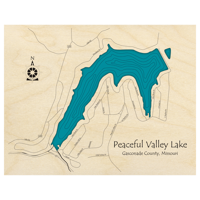 Bathymetric topo map of Peaceful Valley Lake, MO with roads, towns and depths noted in blue water.