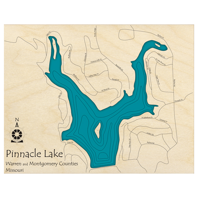 Bathymetric topo map of Pinnacle Lake, MO with roads, towns and depths noted in blue water.