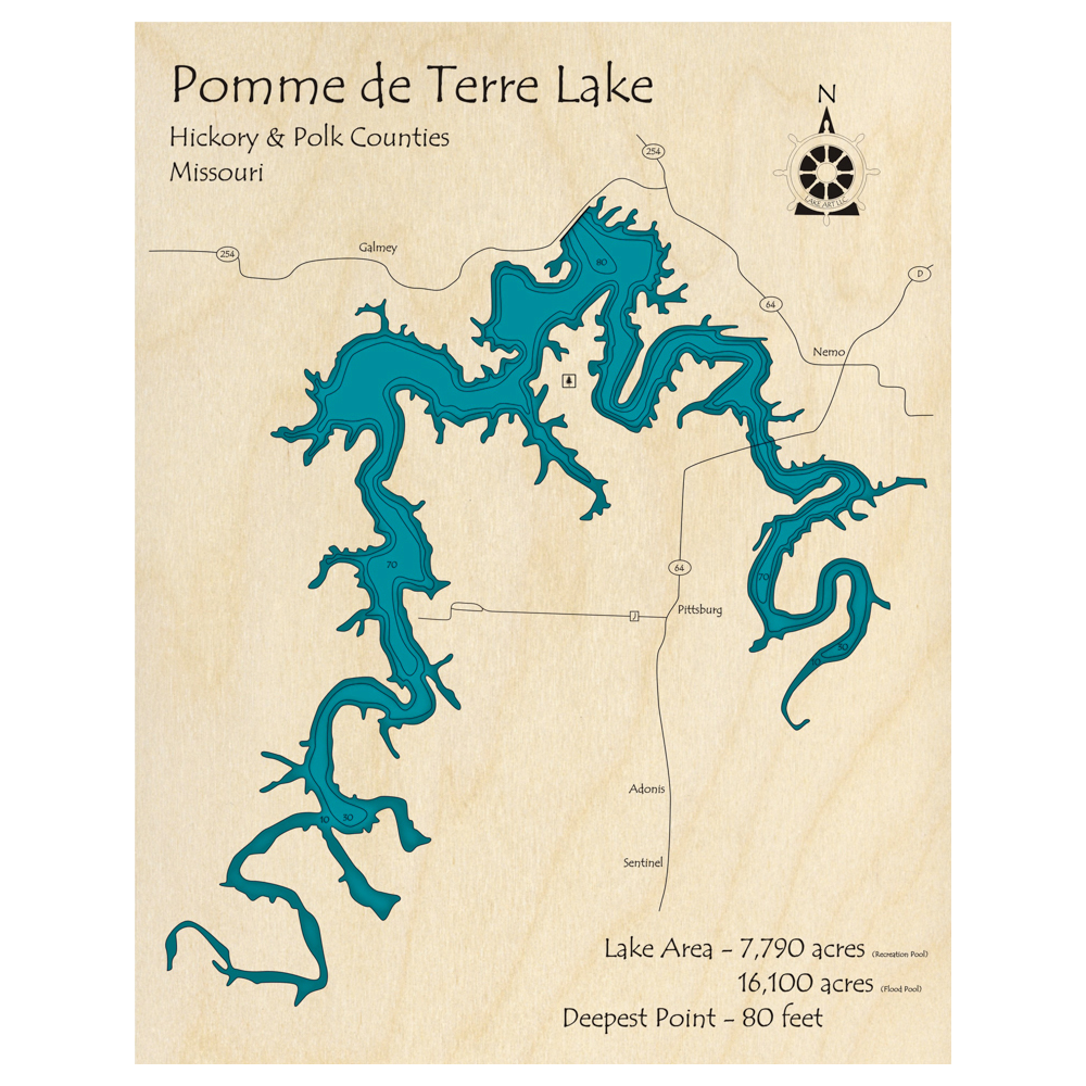 Bathymetric topo map of Pomme de Terre Lake, MO with roads, towns and depths noted in blue water.