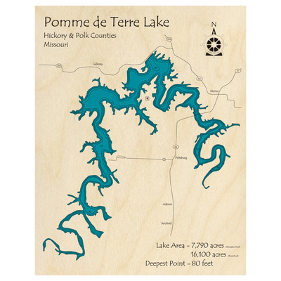 Bathymetric topo map of Pomme de Terre Lake, MO with roads, towns and depths noted in blue water.