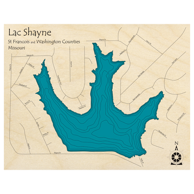 Bathymetric topo map of Shayne Lake, MO with roads, towns and depths noted in blue water.
