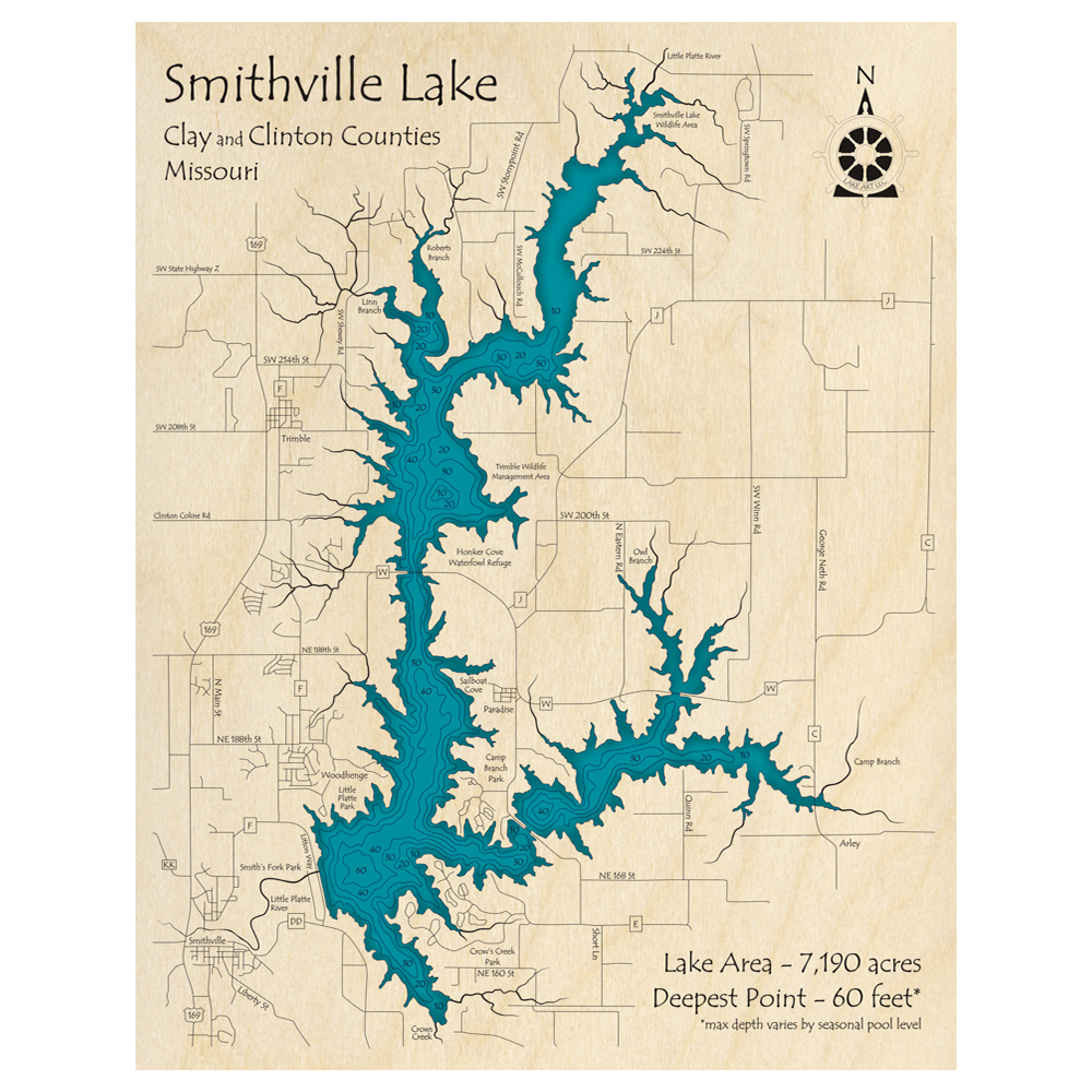 Bathymetric topo map of Smithville Lake, MO with roads, towns and depths noted in blue water.