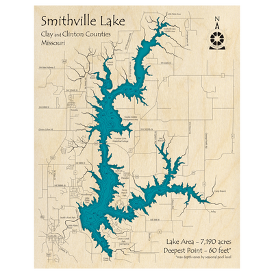 Bathymetric topo map of Smithville Lake, MO with roads, towns and depths noted in blue water.