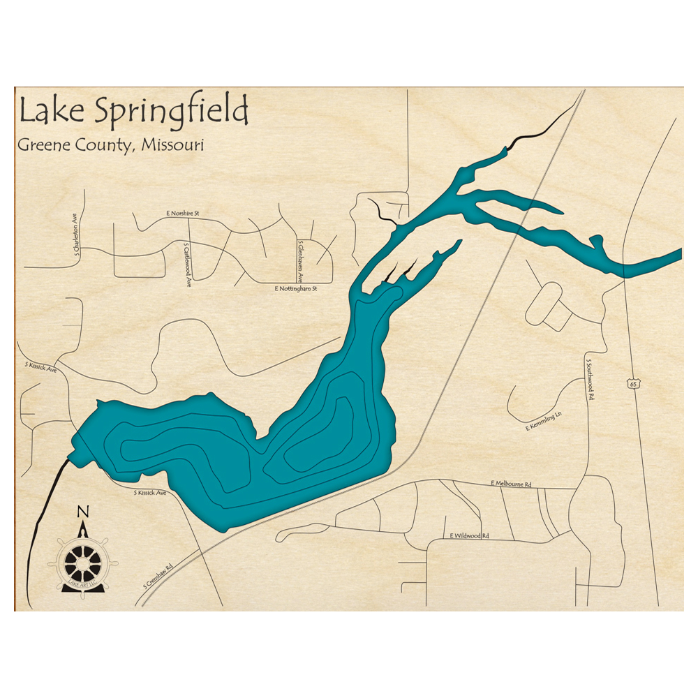 Bathymetric topo map of Lake Springfield, MO with roads, towns and depths noted in blue water.