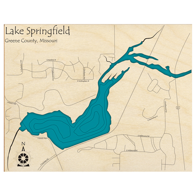 Bathymetric topo map of Lake Springfield, MO with roads, towns and depths noted in blue water.