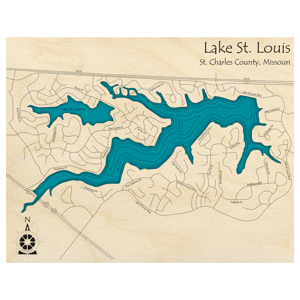 Bathymetric topo map of Lake St Louis, MO with roads, towns and depths noted in blue water.