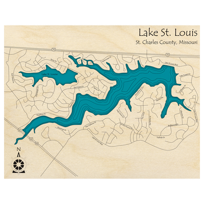 Bathymetric topo map of Lake St Louis, MO with roads, towns and depths noted in blue water.