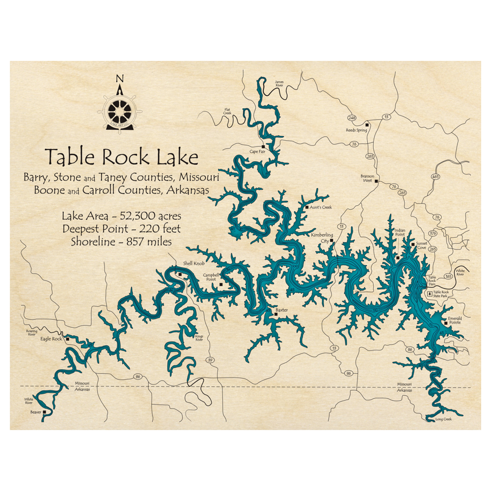 Bathymetric topo map of Table Rock Lake (AR, MO) with roads, towns and depths noted in blue water.