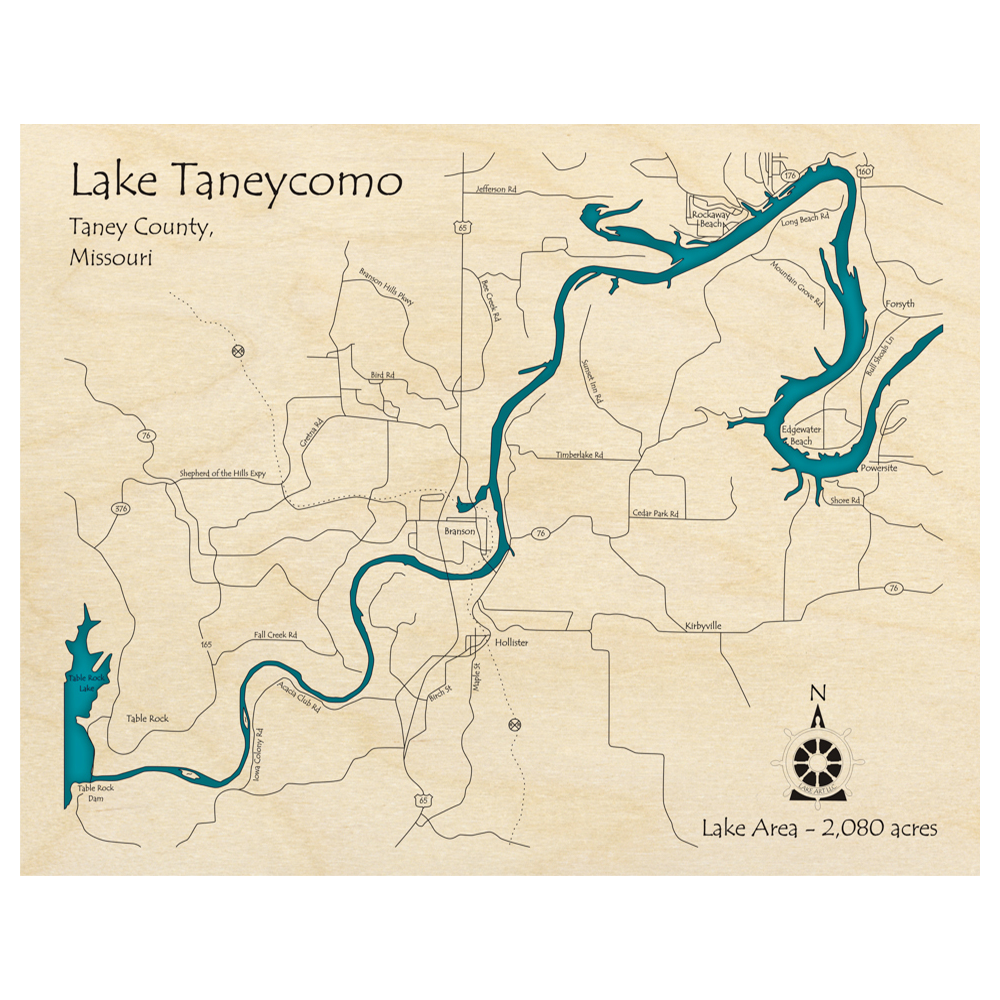 Bathymetric topo map of Lake Taneycomo, MO with roads, towns and depths noted in blue water.