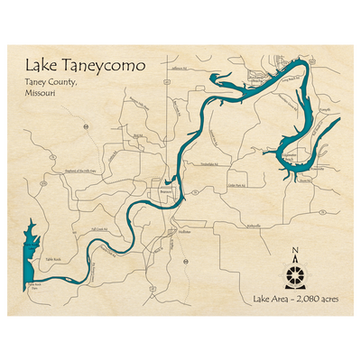 Bathymetric topo map of Lake Taneycomo, MO with roads, towns and depths noted in blue water.
