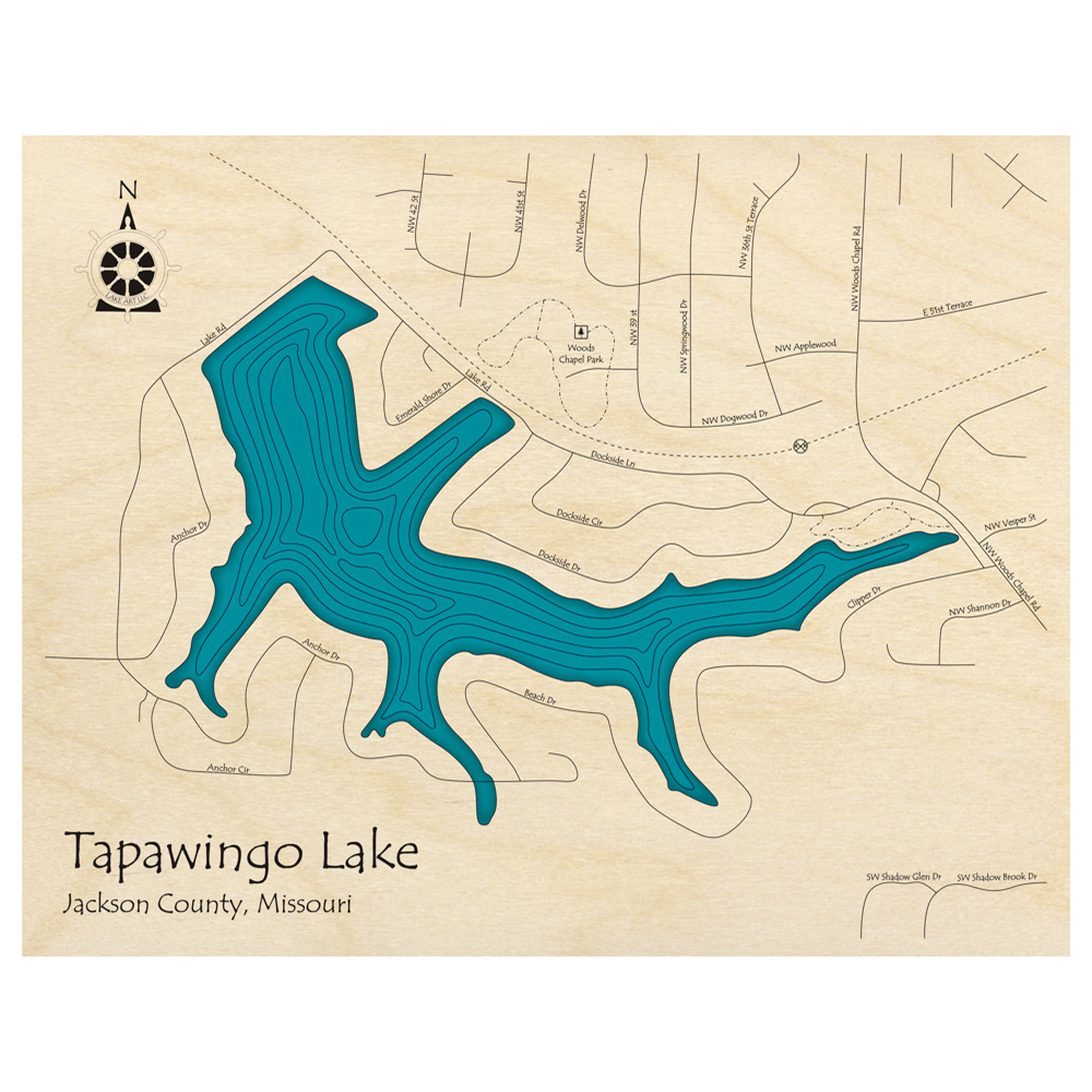 Bathymetric topo map of Tapawingo Lake, MO with roads, towns and depths noted in blue water.