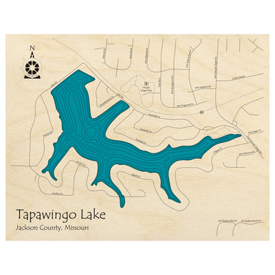 Bathymetric topo map of Tapawingo Lake, MO with roads, towns and depths noted in blue water.