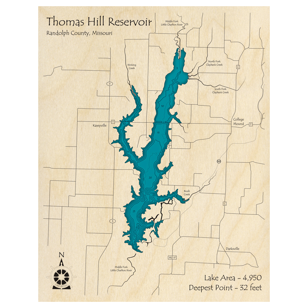 Bathymetric topo map of Thomas Hill Reservoir, MO with roads, towns and depths noted in blue water.