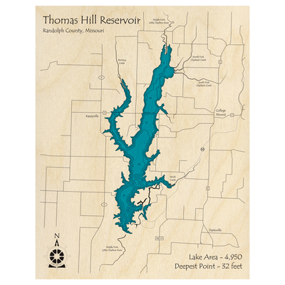 Bathymetric topo map of Thomas Hill Reservoir, MO with roads, towns and depths noted in blue water.
