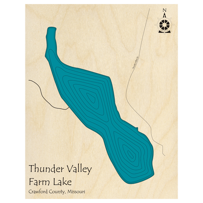 Bathymetric topo map of Thunder Valley Farm Lake, MO with roads, towns and depths noted in blue water.