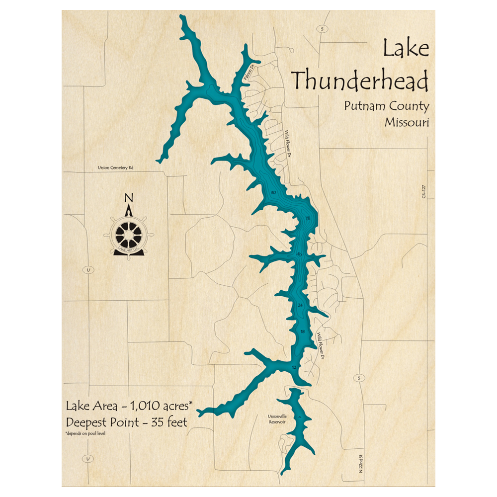 Bathymetric topo map of Lake Thunderhead, MO with roads, towns and depths noted in blue water.
