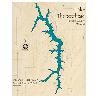 Bathymetric topo map of Lake Thunderhead, MO with roads, towns and depths noted in blue water.