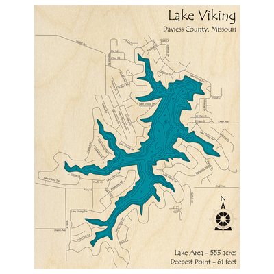 Bathymetric topo map of Lake Viking, MO with roads, towns and depths noted in blue water.