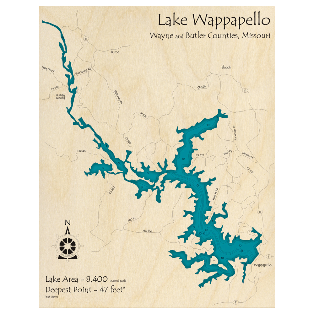 Bathymetric topo map of Lake Wappapello, MO with roads, towns and depths noted in blue water.