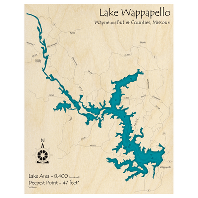 Bathymetric topo map of Lake Wappapello, MO with roads, towns and depths noted in blue water.