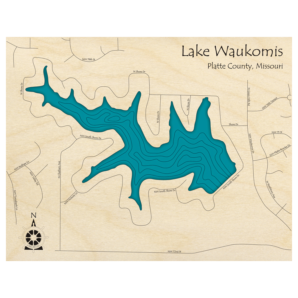 Bathymetric topo map of Lake Waukomis, MO with roads, towns and depths noted in blue water.