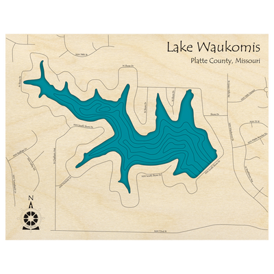 Bathymetric topo map of Lake Waukomis, MO with roads, towns and depths noted in blue water.